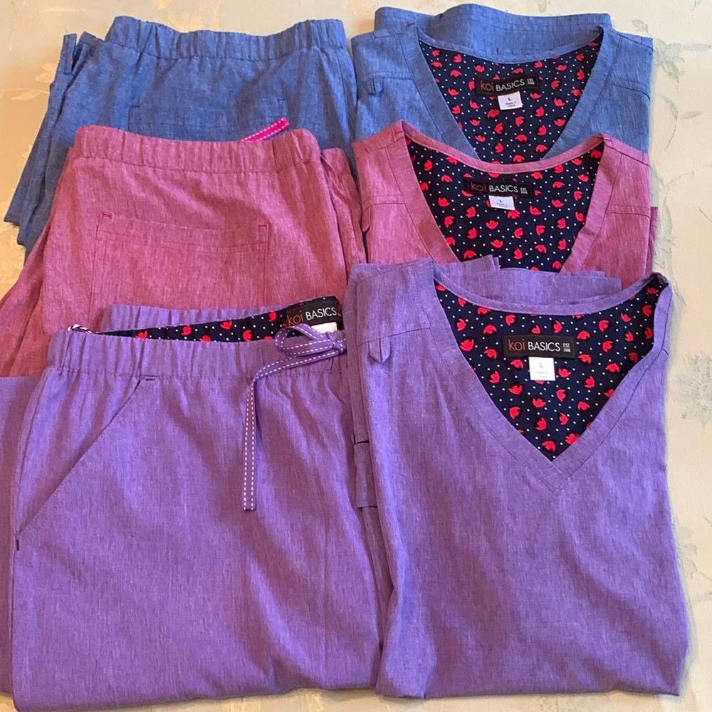 3 sets of Koi Basics scrubs in blue, red and lavender